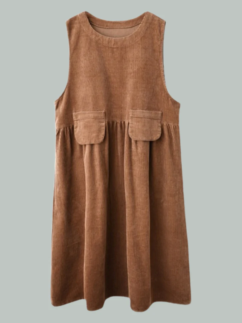 Female Sleeveless Thin Line Loose Striped Velvet Mid-Length Corduroy A-Line Dress - Image 3