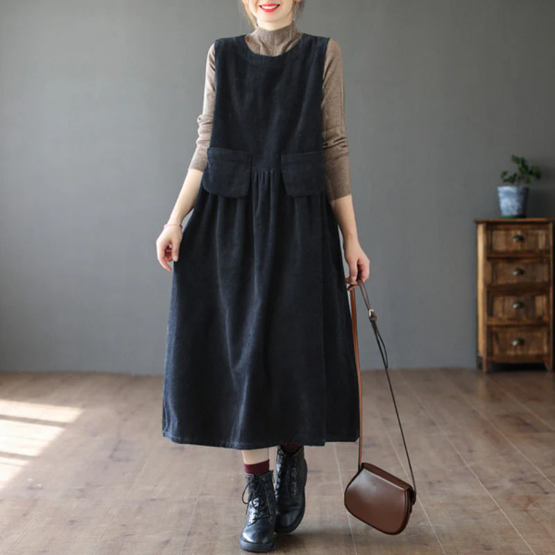 Female Sleeveless Thin Line Loose Striped Velvet Mid-Length Corduroy A-Line Dress - Image 4