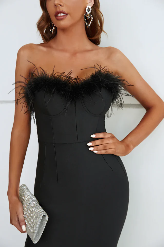 Sachi Strapless Feather Midi Evening Dress - Image 3