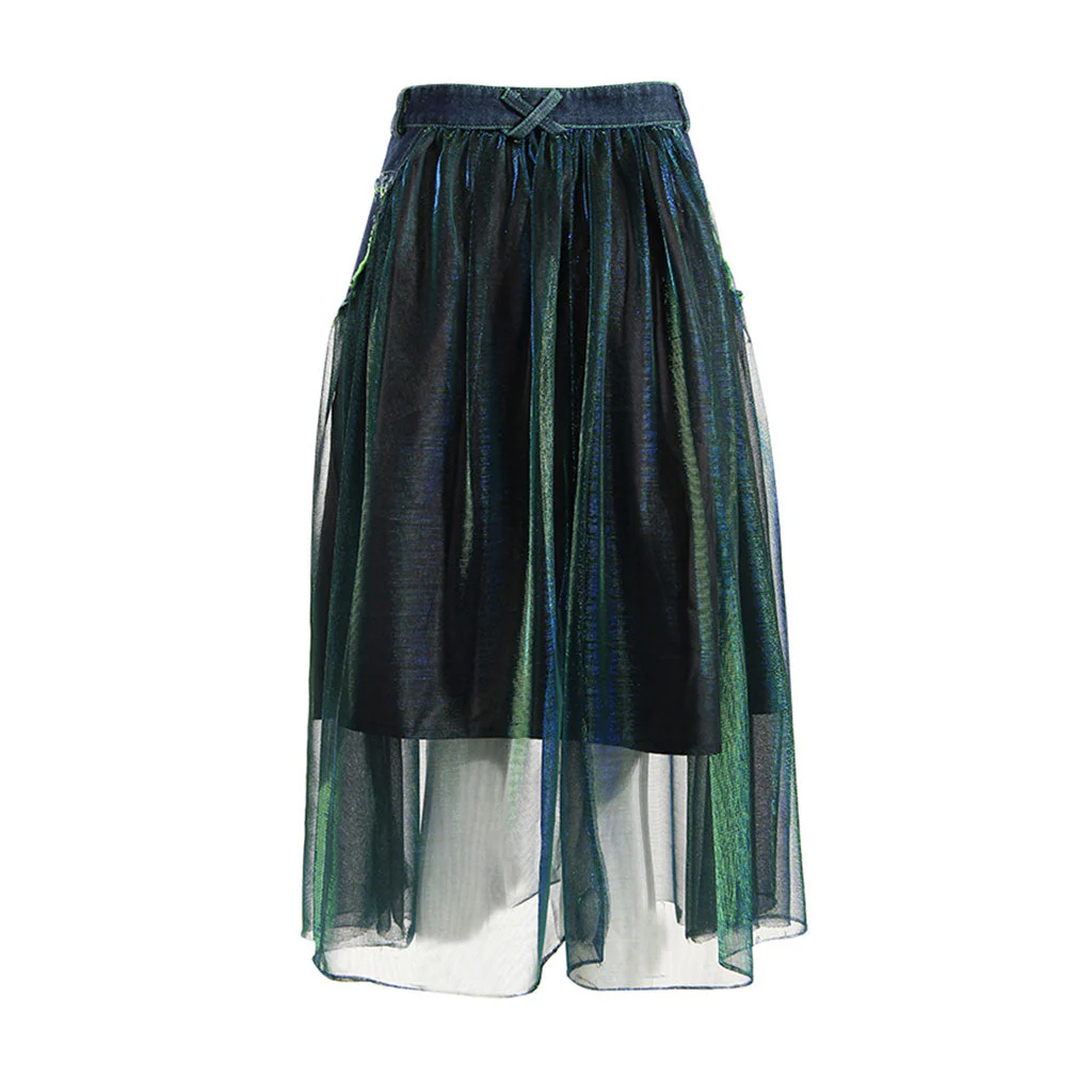 Sassy Belted Frayed Denim Panel Holographic Tiered Tulle Midi Skirt - Image 2