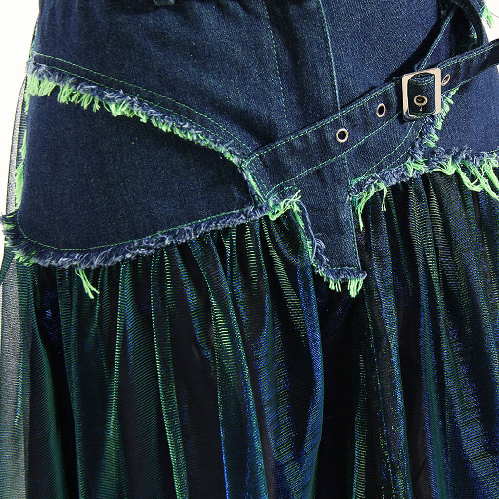 Sassy Belted Frayed Denim Panel Holographic Tiered Tulle Midi Skirt - Image 4