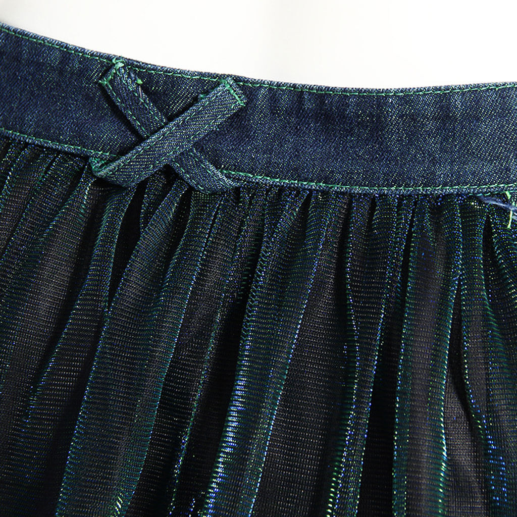 Sassy Belted Frayed Denim Panel Holographic Tiered Tulle Midi Skirt - Image 5