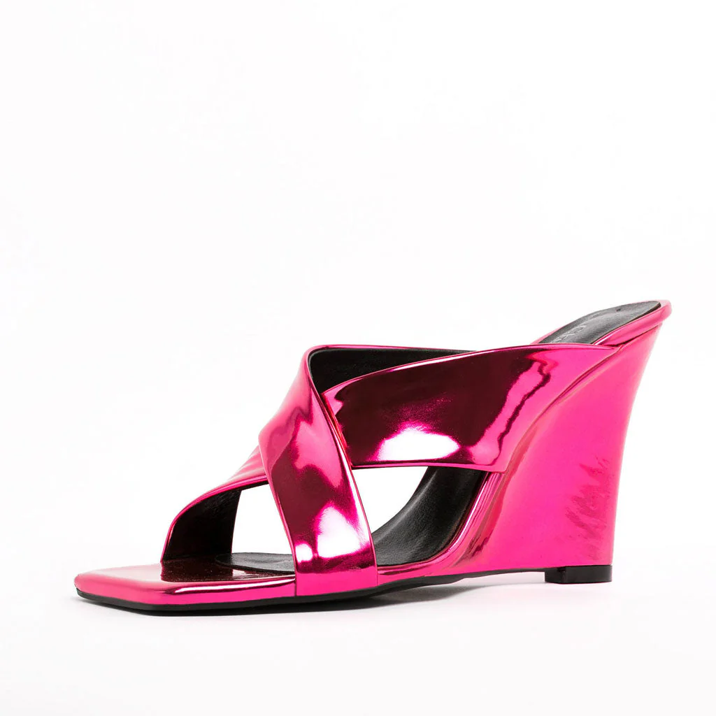 Sassy Cross Strap Patent Leather Square Toe Wedge Mules - Fuchsia - Image 2