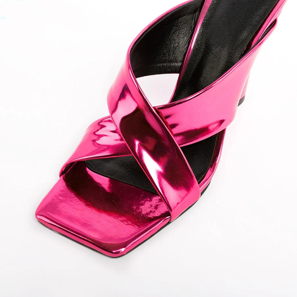 Sassy Cross Strap Patent Leather Square Toe Wedge Mules - Fuchsia - Image 3