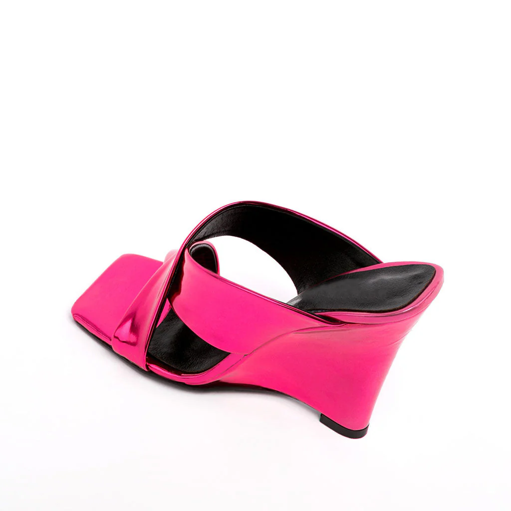 Sassy Cross Strap Patent Leather Square Toe Wedge Mules - Fuchsia - Image 4