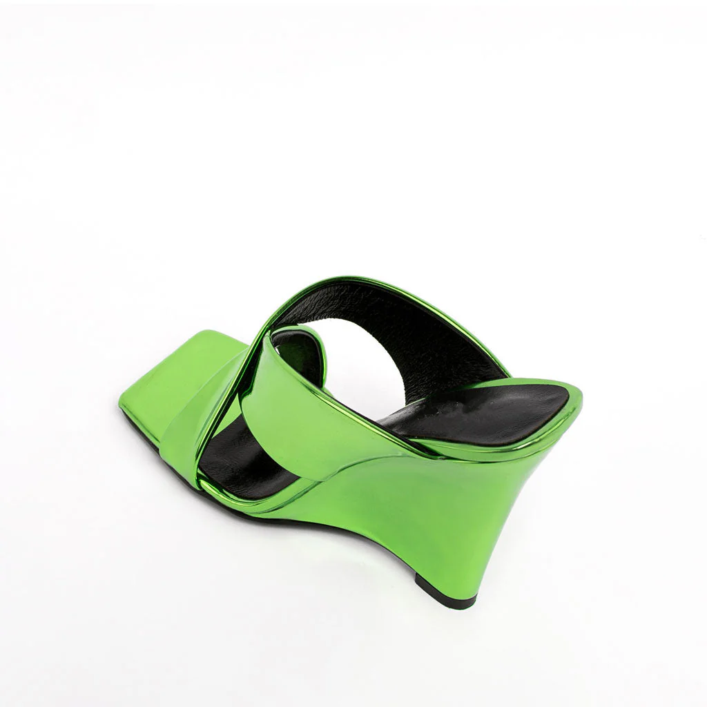 Sassy Cross Strap Patent Leather Square Toe Wedge Mules - Green - Image 2