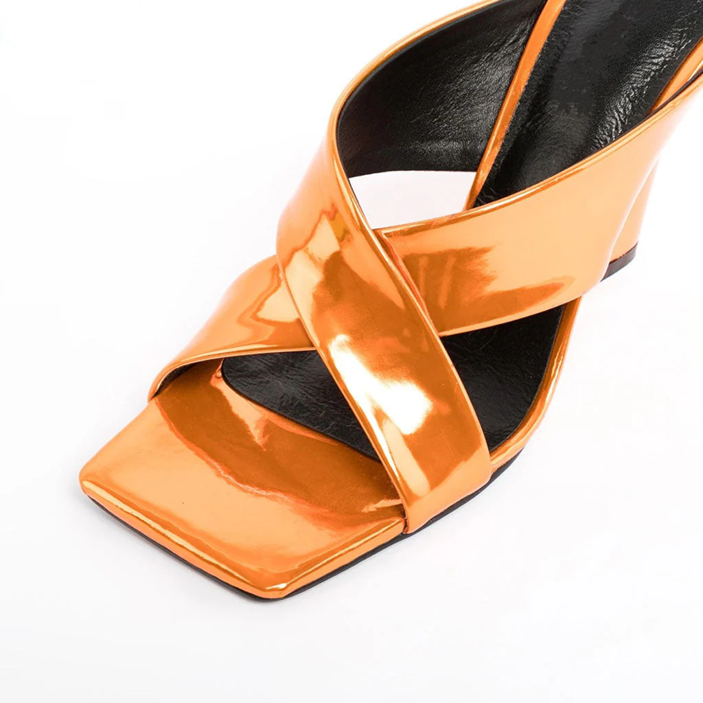 Sassy Cross Strap Patent Leather Square Toe Wedge Mules - Orange - Image 3