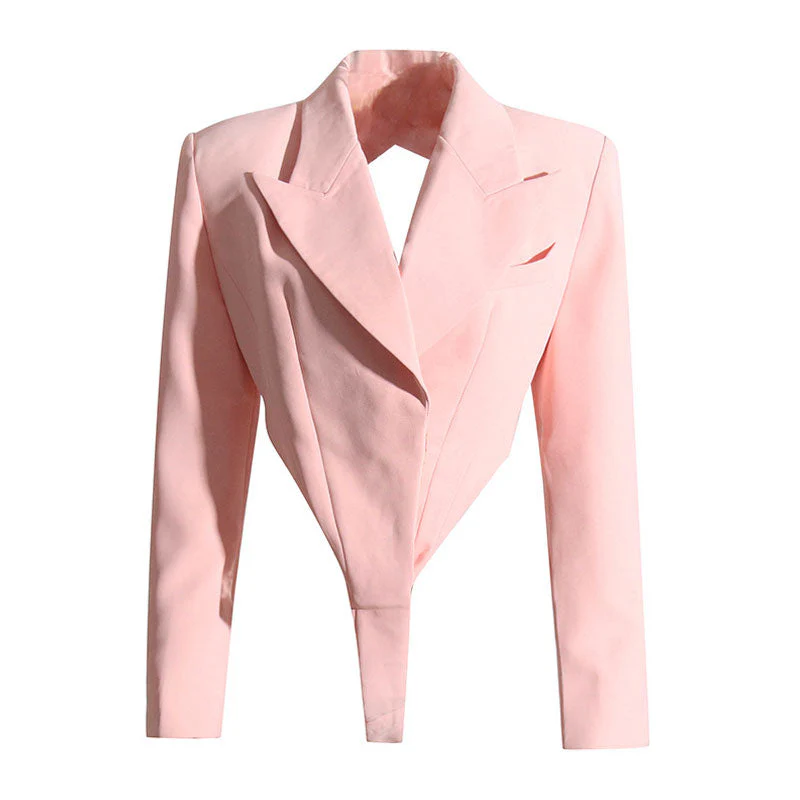 Sassy CutOut Peak Lapel Shoulder Pad Long Sleeve Blazer Bodysuit - Pink - Image 2