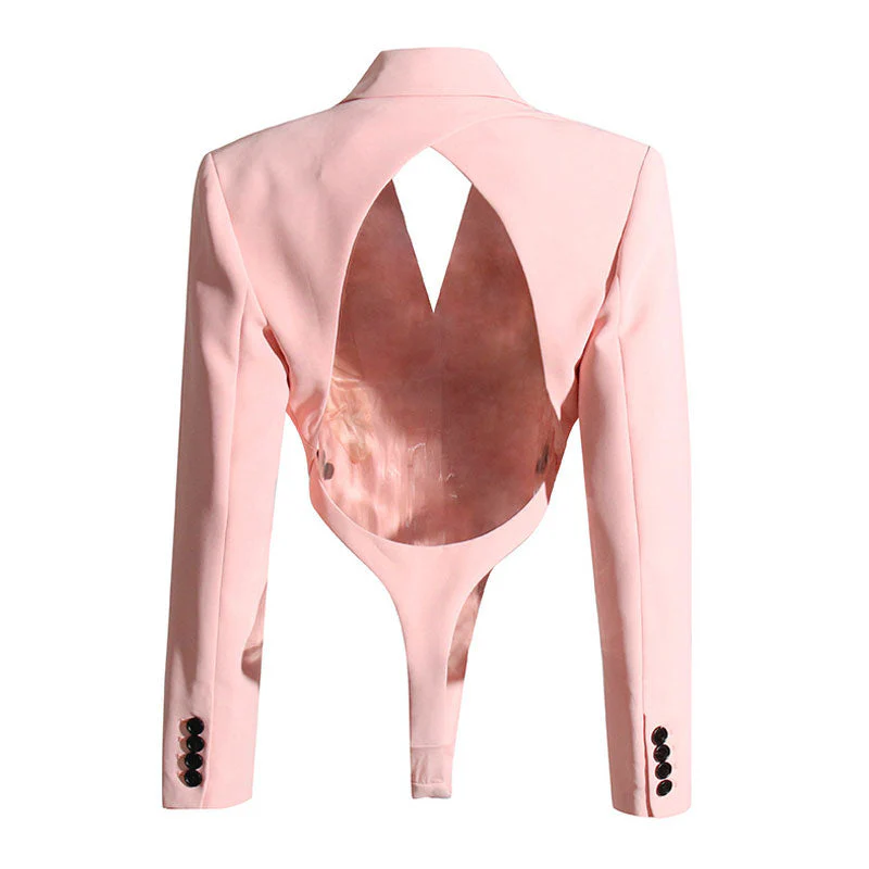 Sassy CutOut Peak Lapel Shoulder Pad Long Sleeve Blazer Bodysuit - Pink - Image 3