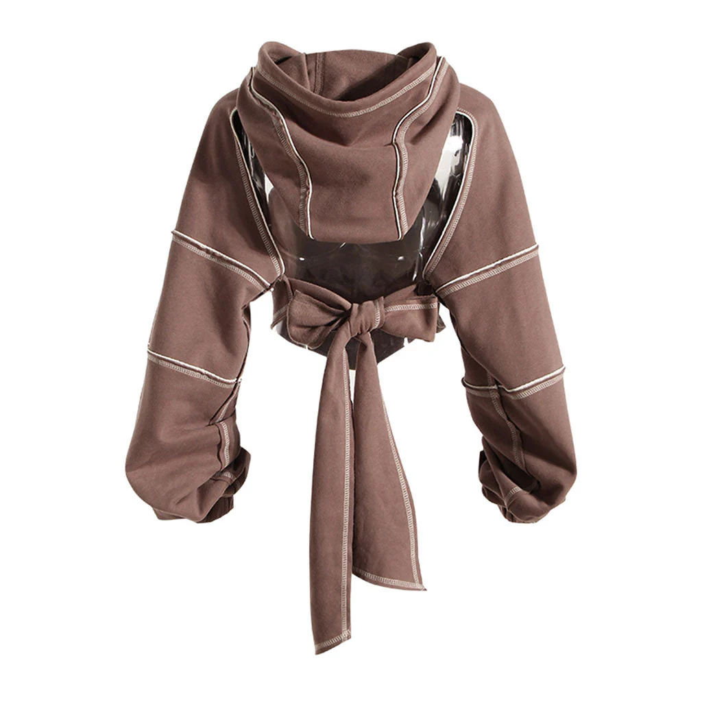 Sassy CutOut Tie Back Contrast Stitch Drawstring Hooded Crop Sweatshirt - Image 3