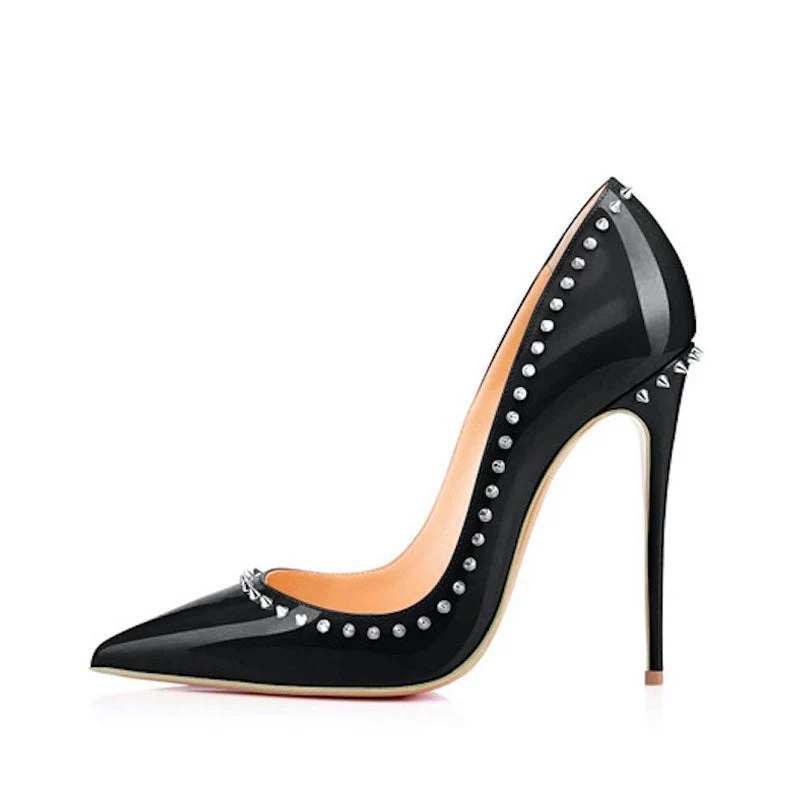 Sassy Patent Leather Pointed Toe Studded Stiletto Pumps - Black - Image 2