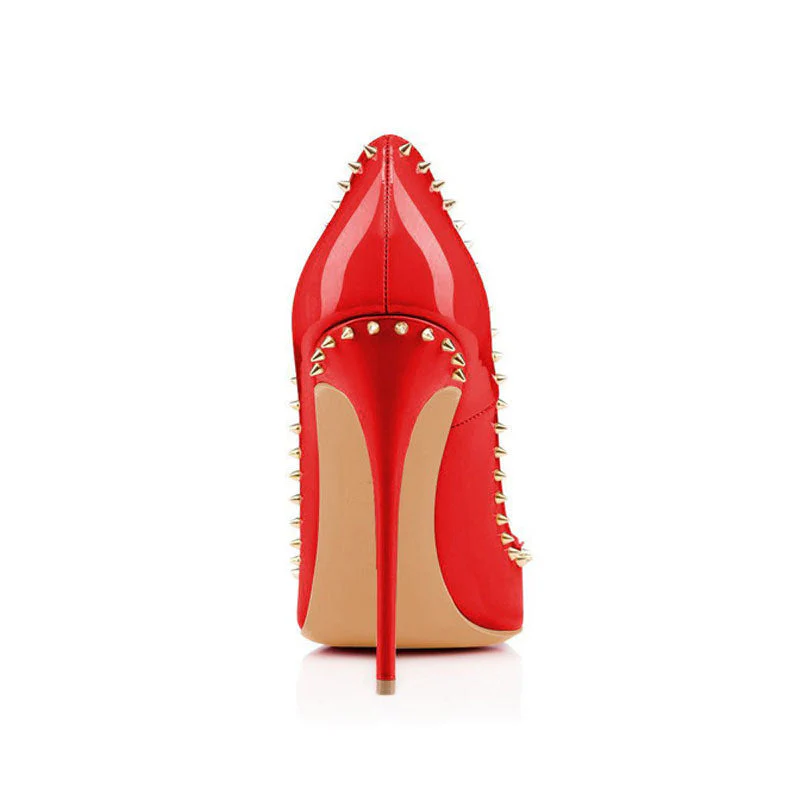 Sassy Patent Leather Pointed Toe Studded Stiletto Pumps - Red - Image 2