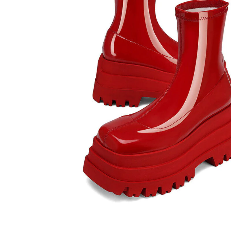 Sassy Patent Leather Square Toe Platform Sock Boots - Red - Image 2