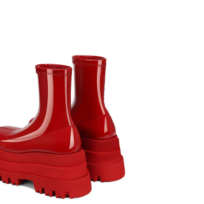 Sassy Patent Leather Square Toe Platform Sock Boots - Red - Image 3