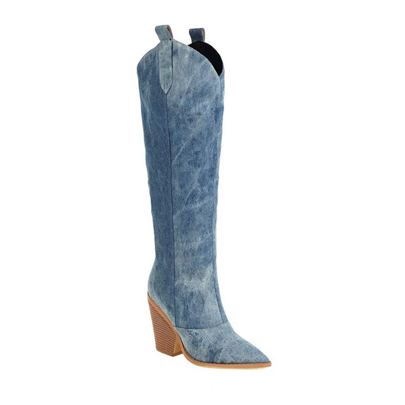 Sassy Pointed Toe Cuban Heel Knee High Denim Western Boots - Blue - Image 2