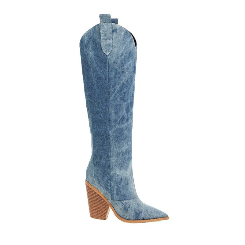 Sassy Pointed Toe Cuban Heel Knee High Denim Western Boots - Blue - Image 3