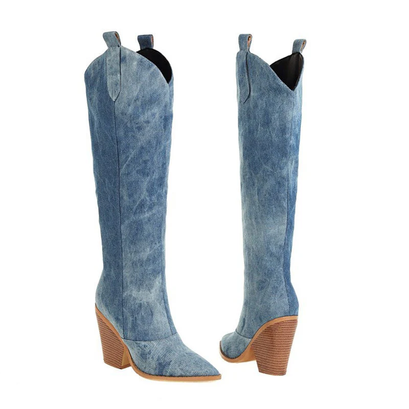 Sassy Pointed Toe Cuban Heel Knee High Denim Western Boots - Blue - Image 4