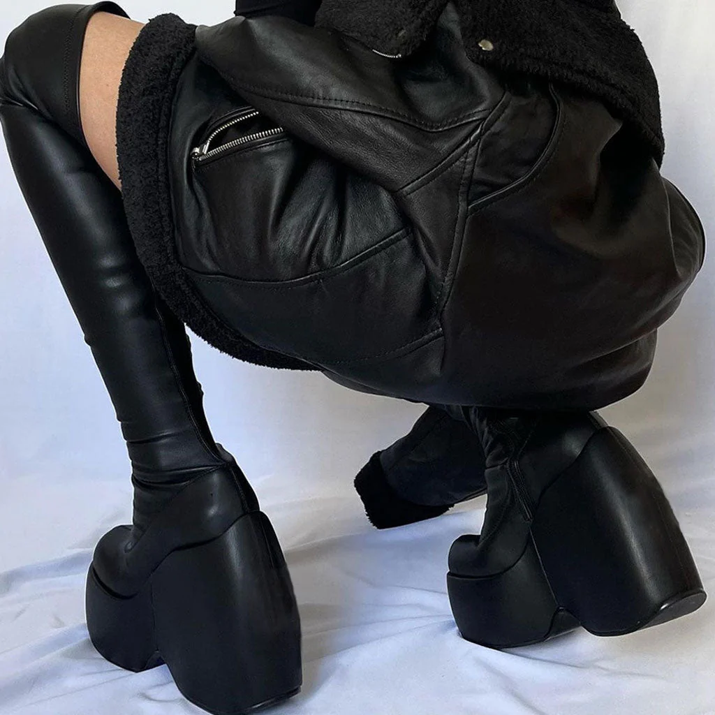 Sassy Round Toe Platform Geometric Heeled Over Knee Boots - Black - Image 2