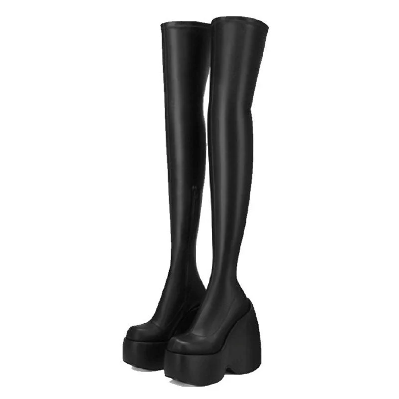 Sassy Round Toe Platform Geometric Heeled Over Knee Boots - Black - Image 3