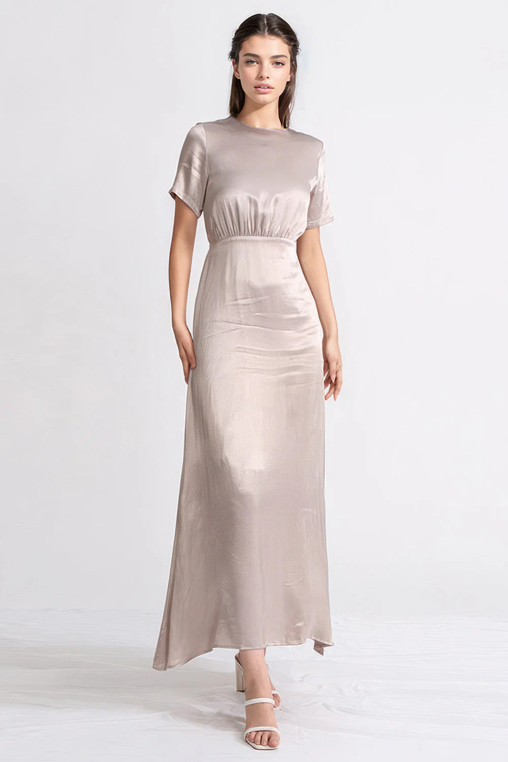 Satin Maxi Dress with Short Sleeves - Beige - Image 2