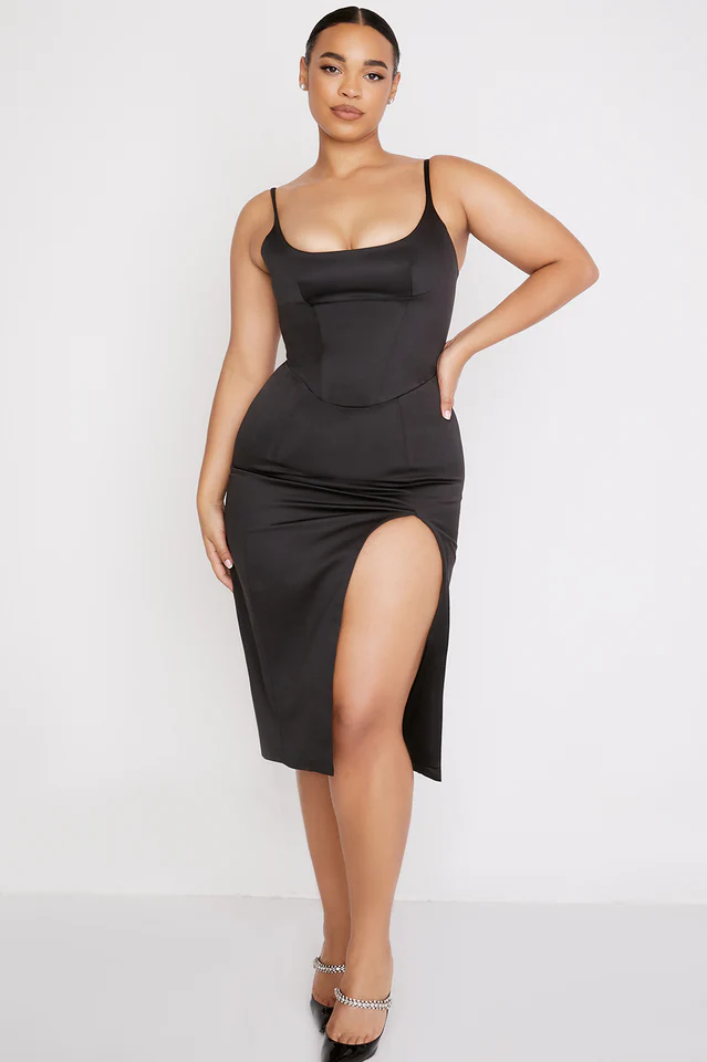 Satin Pleated Corset Midi Dress - Image 50