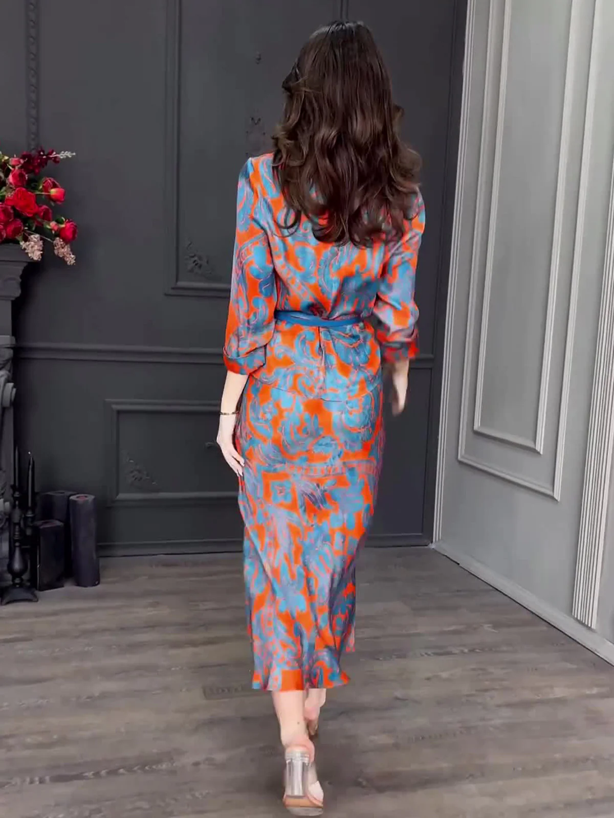Satin Print Lapel Skirt Set(with belt) - Image 2