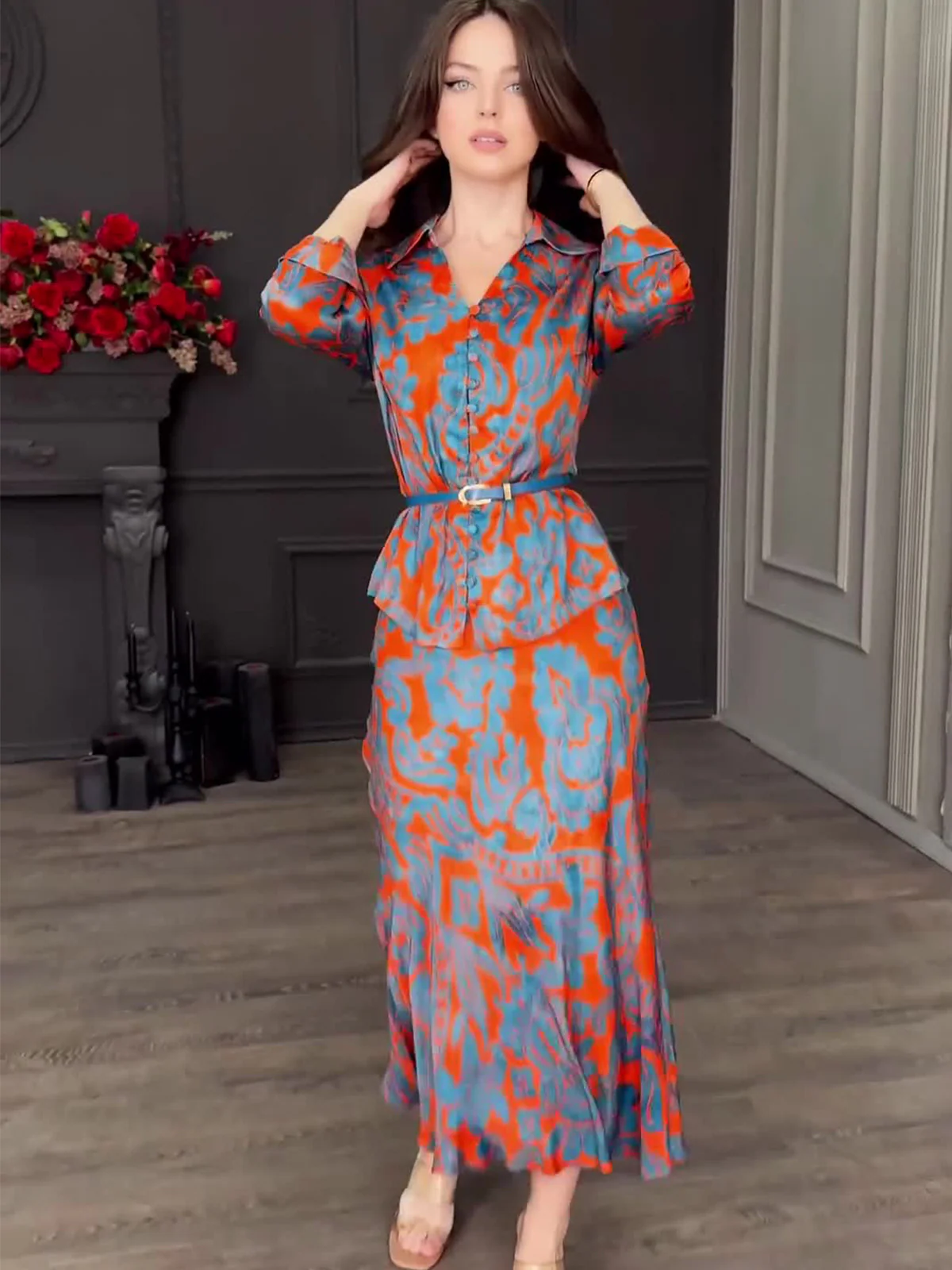 Satin Print Lapel Skirt Set(with belt) - Image 5