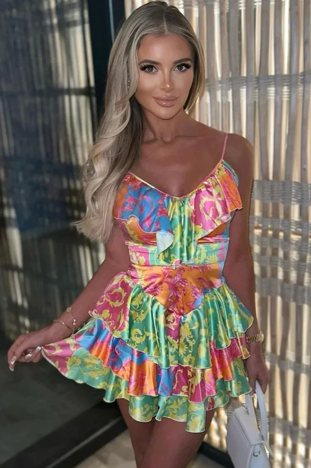 Satin Ruffle V Neck Tiered MIni Sundress - Image 2