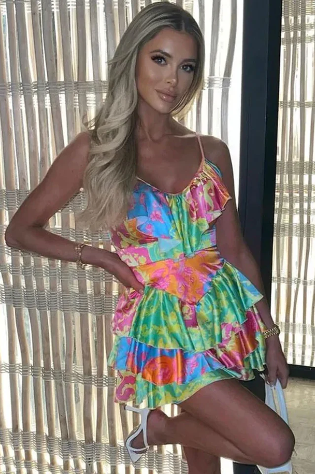 Satin Ruffle V Neck Tiered MIni Sundress - Image 3