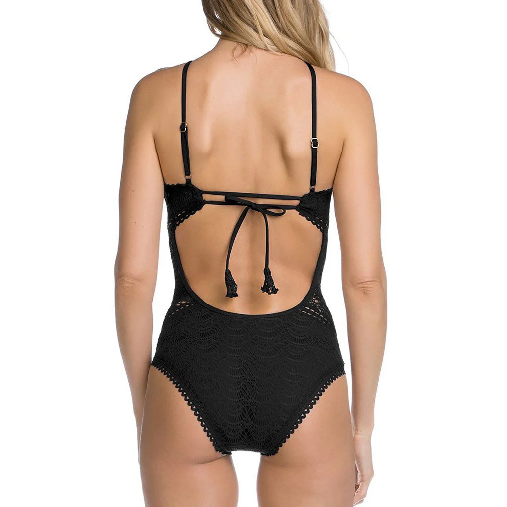 Scalloped Lace Low Back High Neck One Piece Swimsuit - Black - Image 2