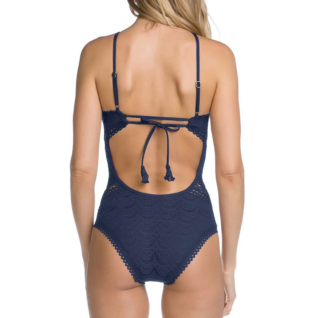 Scalloped Lace Low Back High Neck One Piece Swimsuit - Blue - Image 2