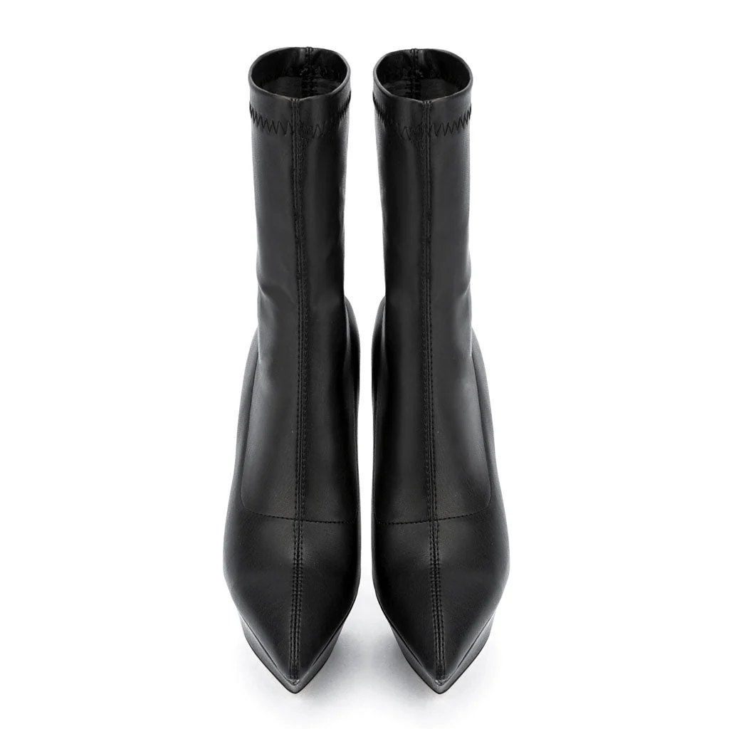 Sculpted Platform Pointed Toe Faux Leather Stiletto Sock Boots - Black - Image 3