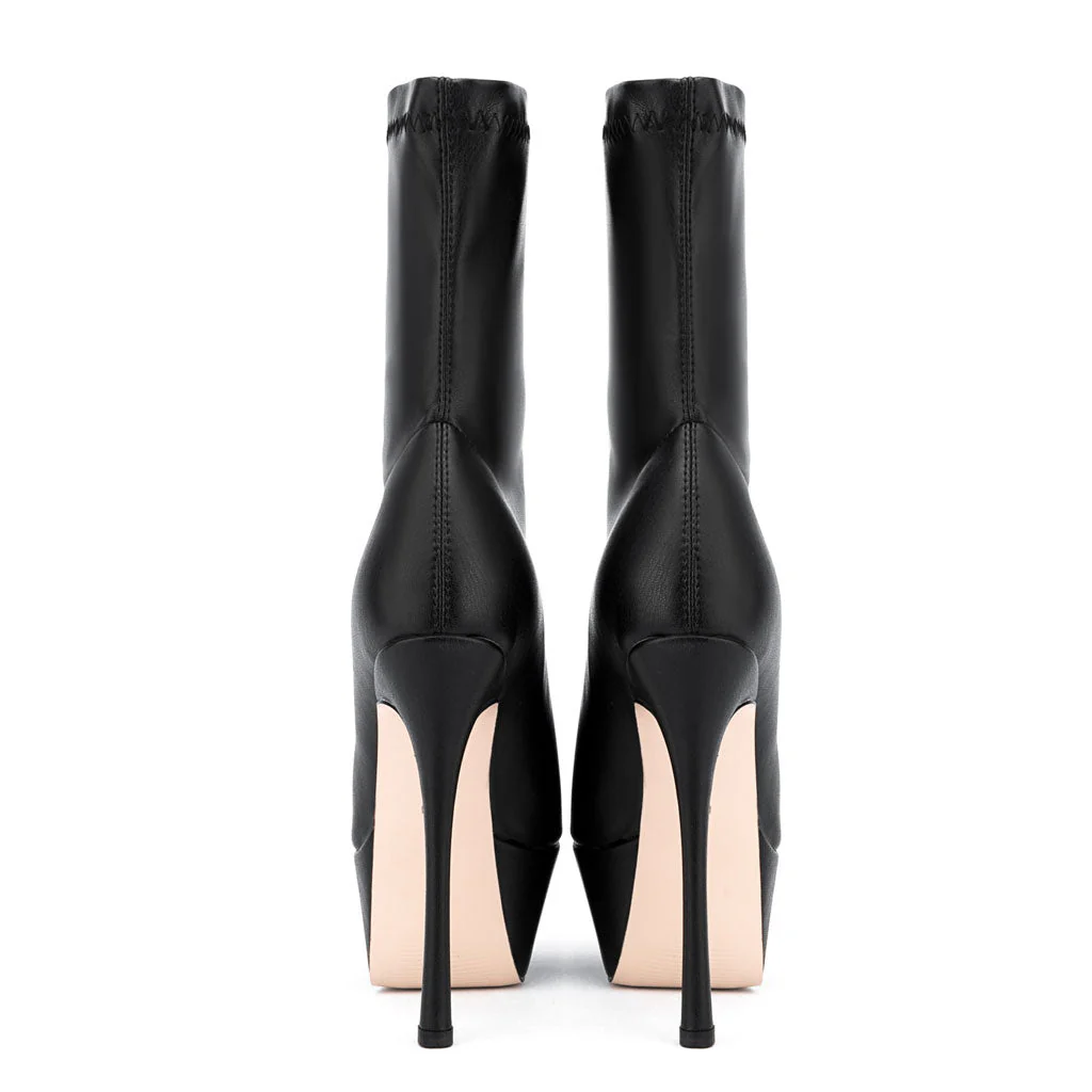 Sculpted Platform Pointed Toe Faux Leather Stiletto Sock Boots - Black - Image 4