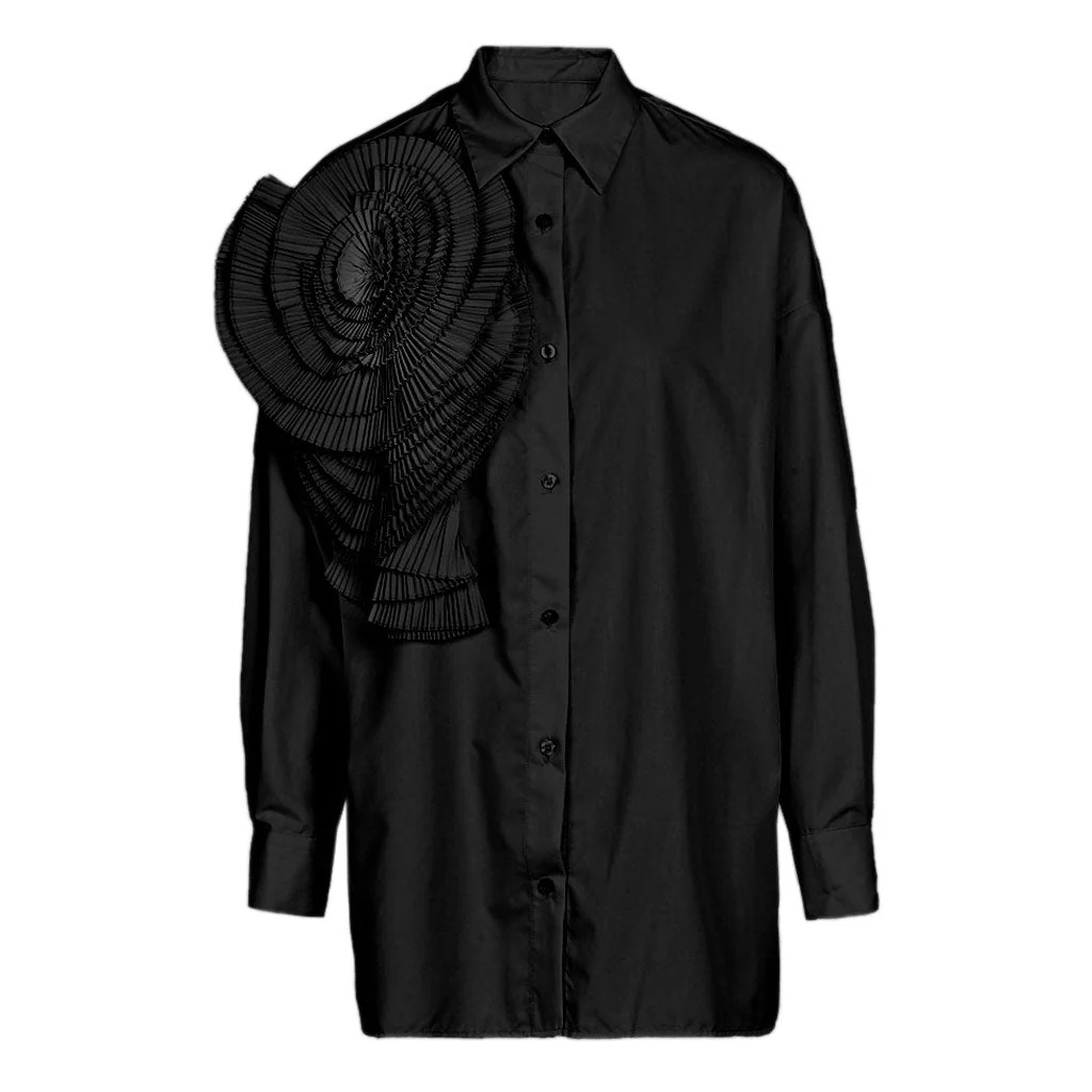 Sculptural Pleated Petal Pointed Collar Long Sleeve Button Down Oversized Shirt - Image 2