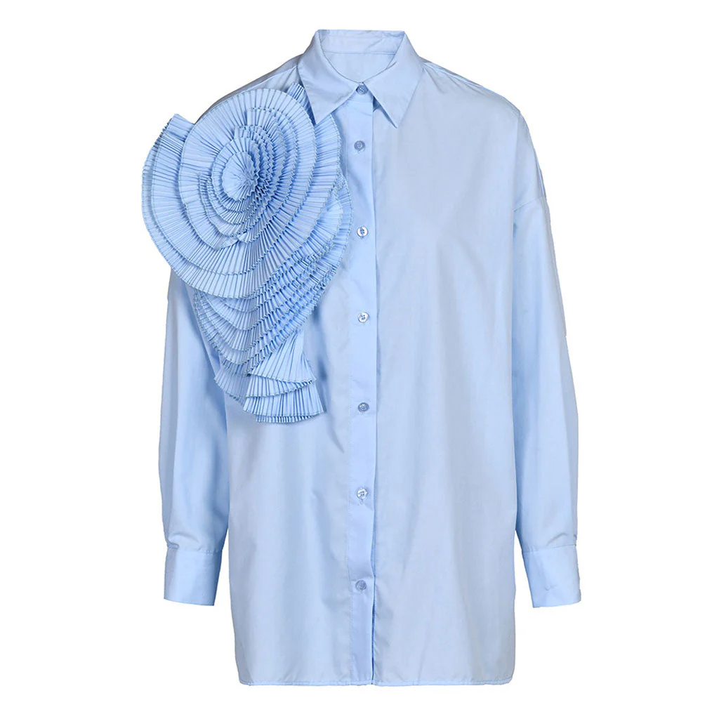 Sculptural Pleated Petal Pointed Collar Long Sleeve Button Down Oversized Shirt - Image 3