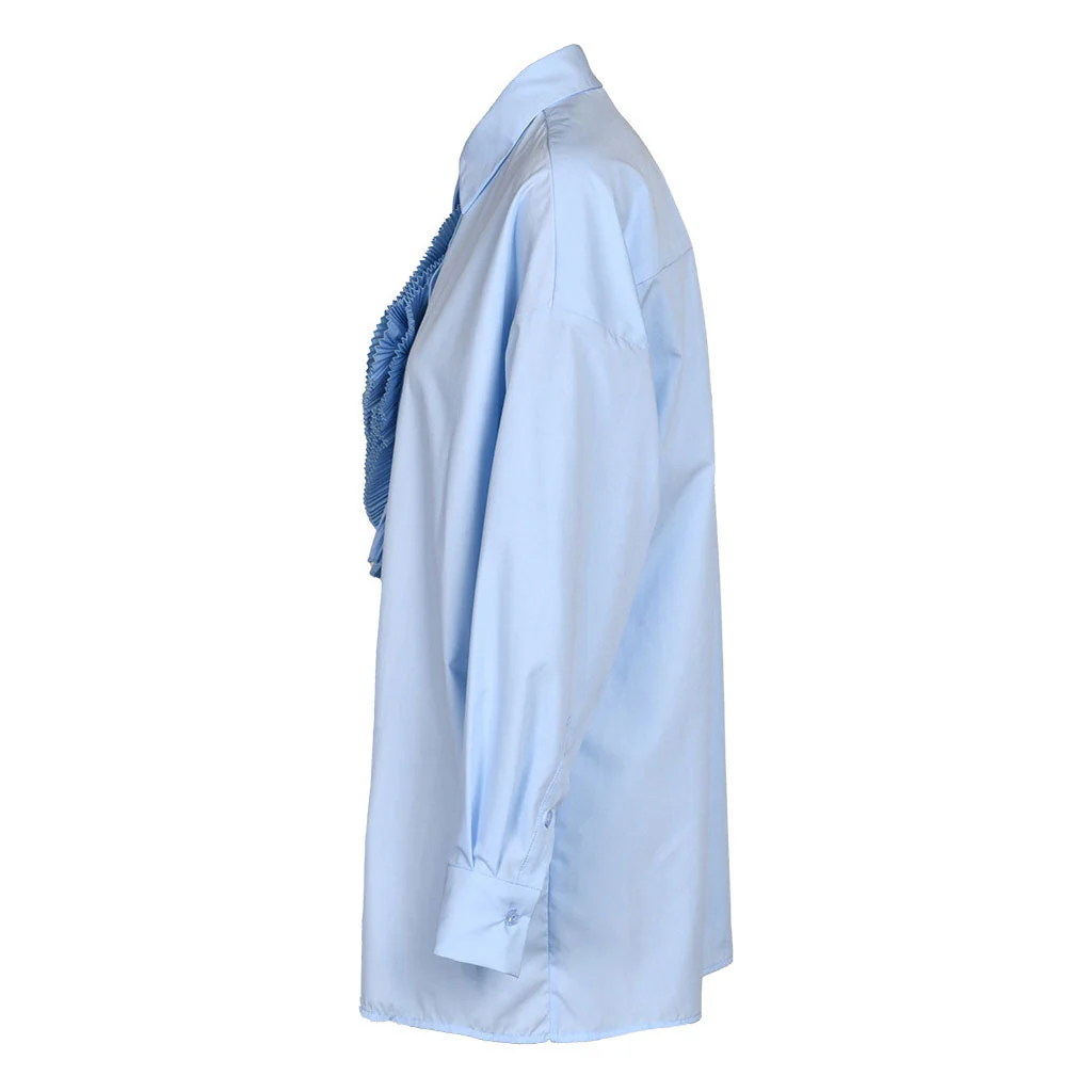 Sculptural Pleated Petal Pointed Collar Long Sleeve Button Down Oversized Shirt - Image 4