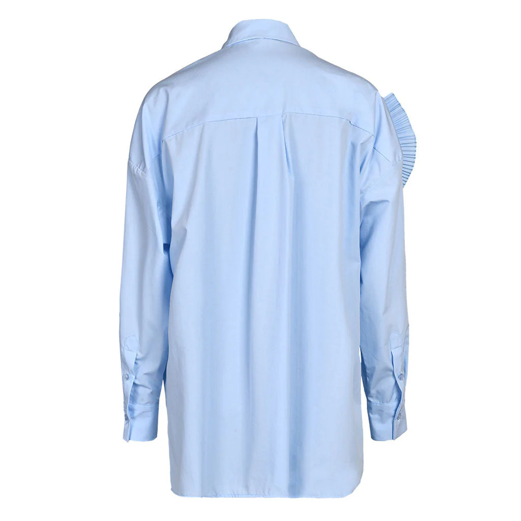 Sculptural Pleated Petal Pointed Collar Long Sleeve Button Down Oversized Shirt - Image 5