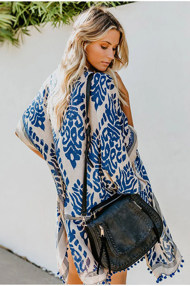 Seaside Resort Cardigan Printed Pompom Kimono - Image 13