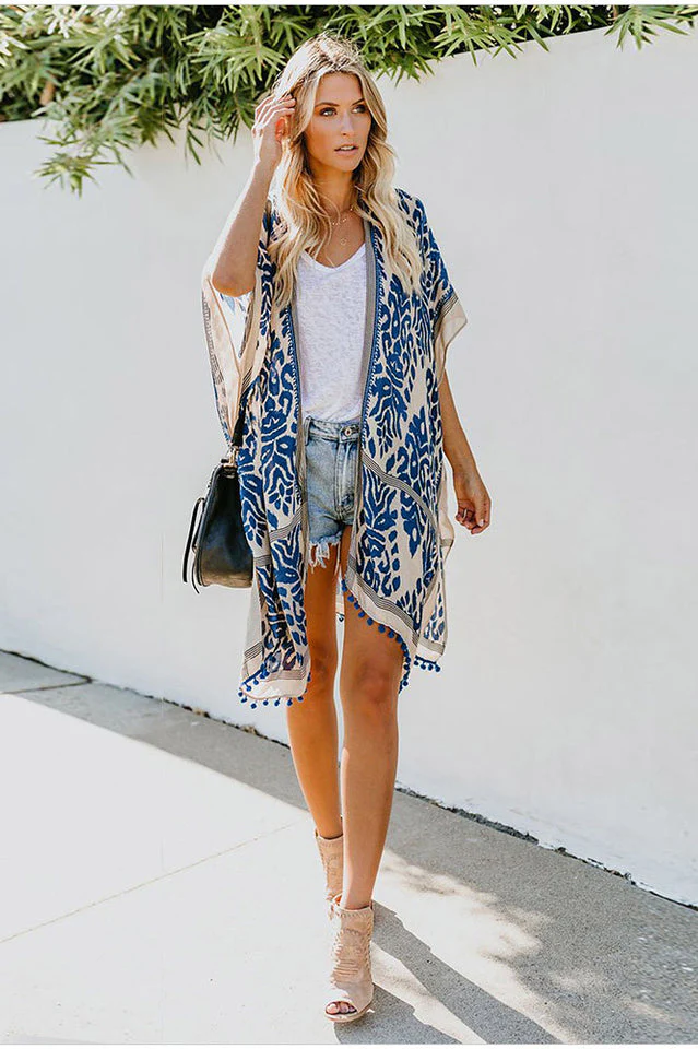 Seaside Resort Cardigan Printed Pompom Kimono - Image 14