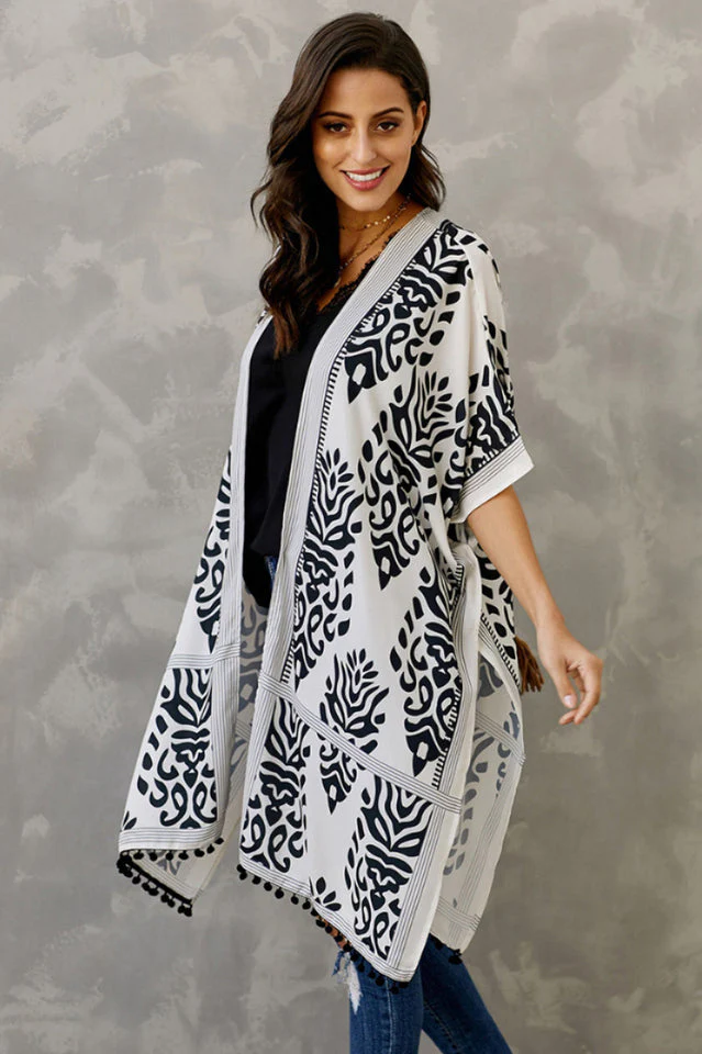 Seaside Resort Cardigan Printed Pompom Kimono - Image 16