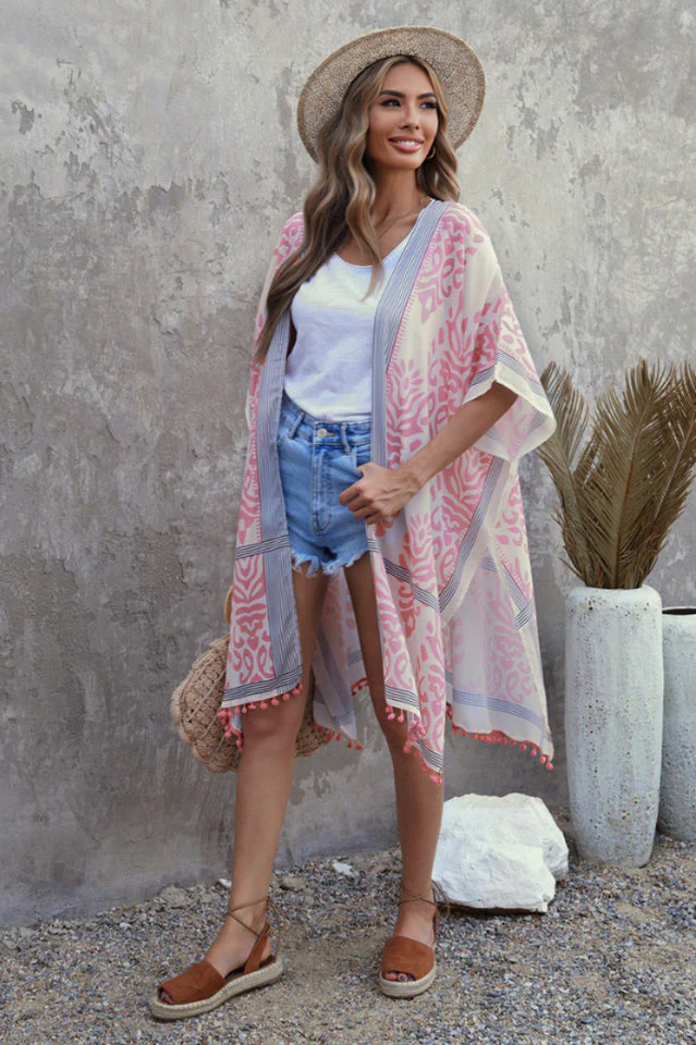 Seaside Resort Cardigan Printed Pompom Kimono - Image 2