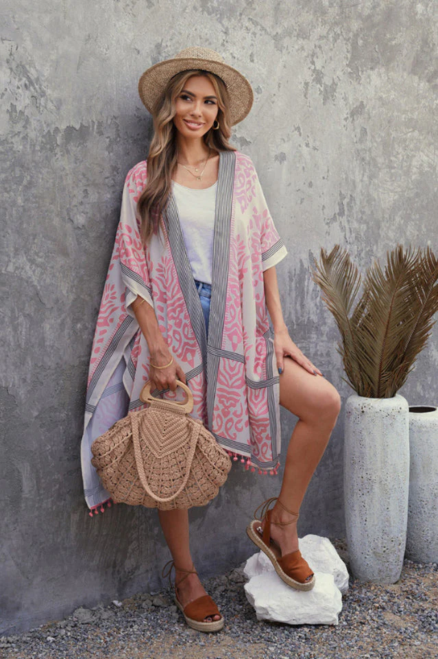 Seaside Resort Cardigan Printed Pompom Kimono - Image 4