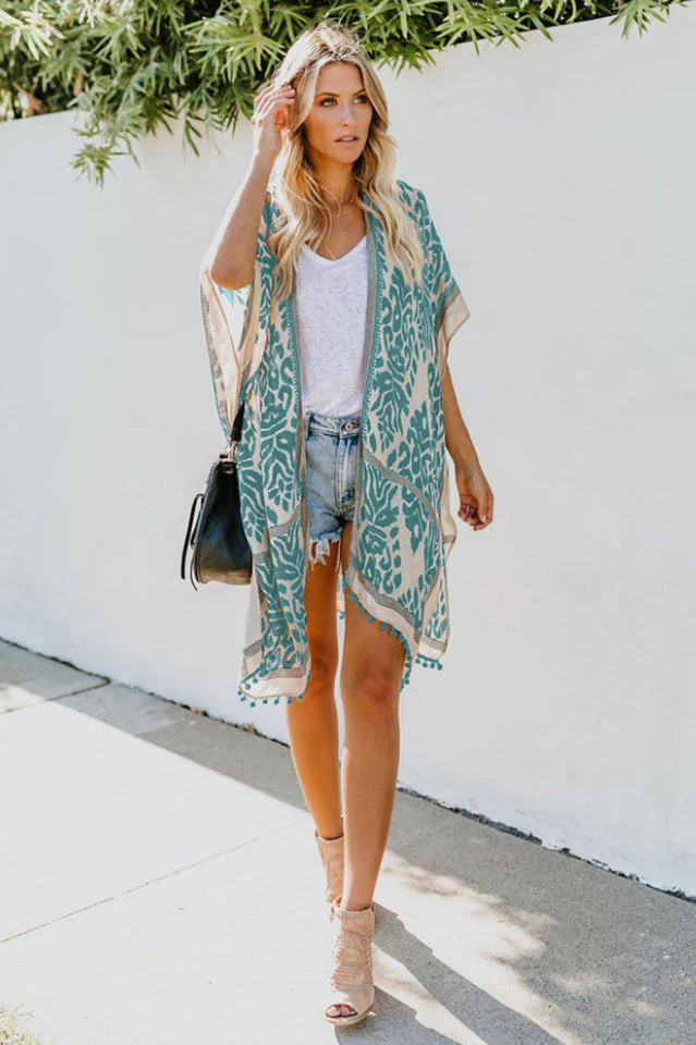Seaside Resort Cardigan Printed Pompom Kimono - Image 9