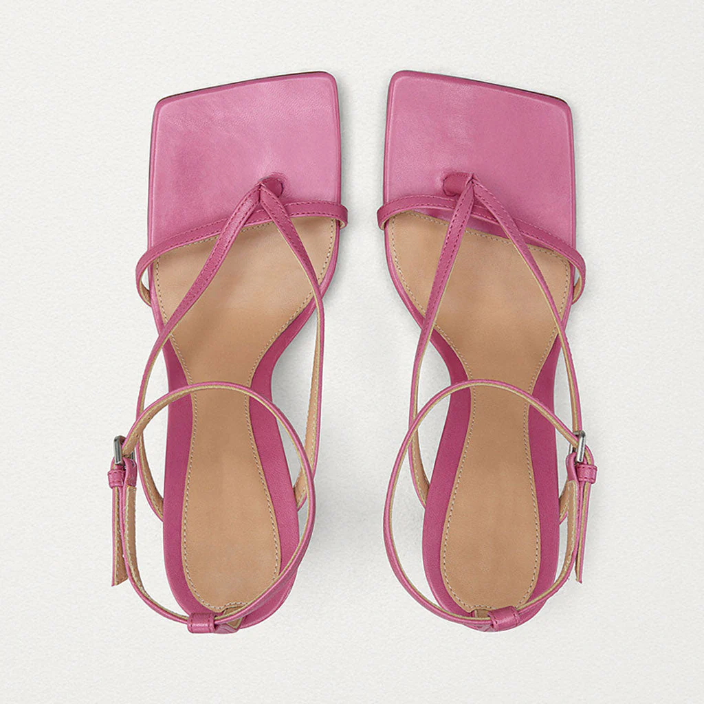 Seductive Thong Strap Faux Leather Square Toe Stiletto Sandals - Pink - Image 3