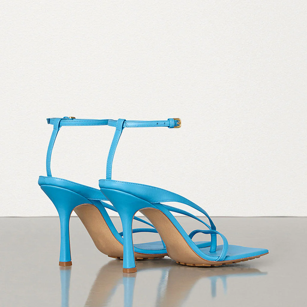 Seductive Thong Strap Faux Leather Square Toe Stiletto Sandals - Sky Blue - Image 4