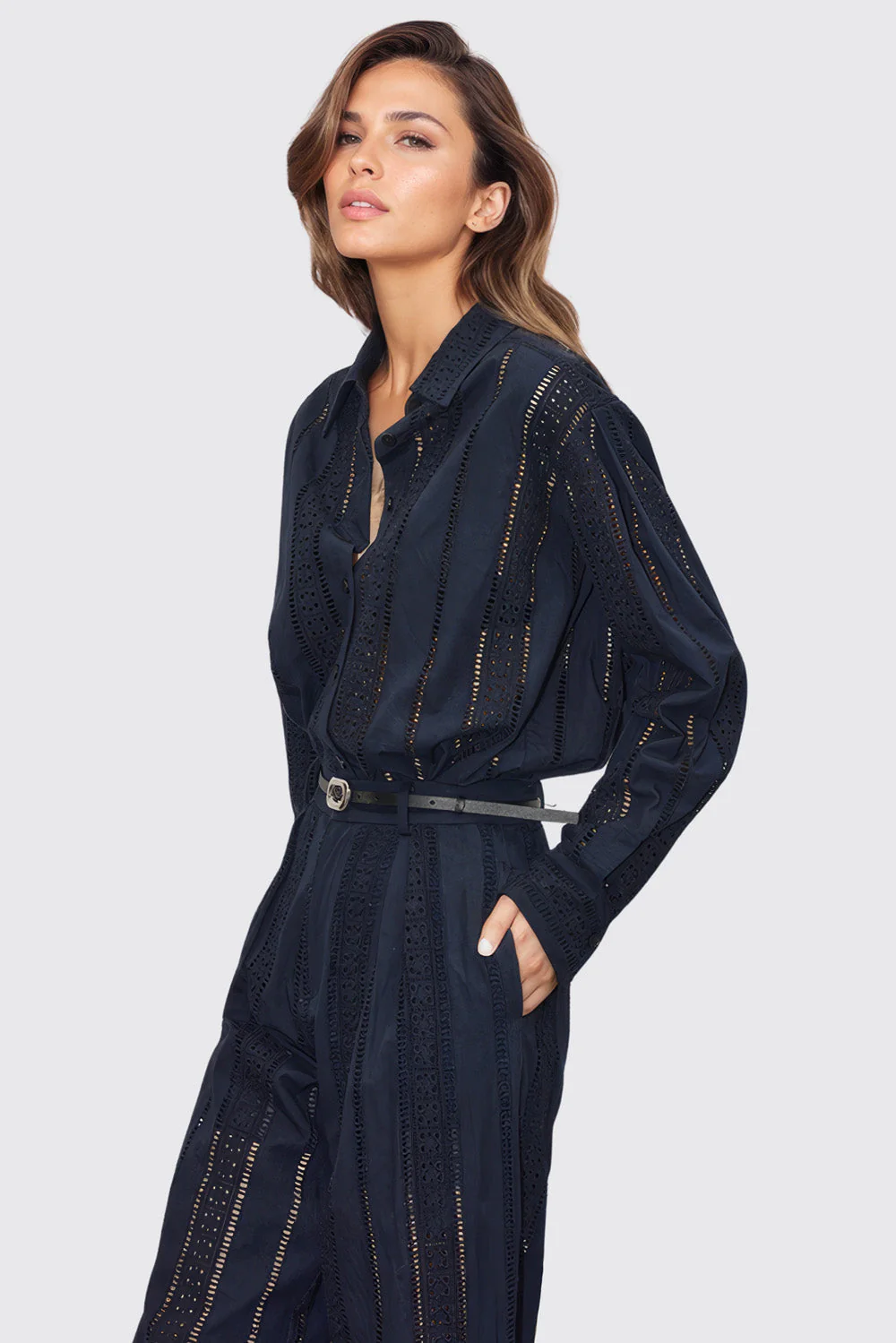 See-Through Long Sleeve Shirt - Navy Blue - Image 3