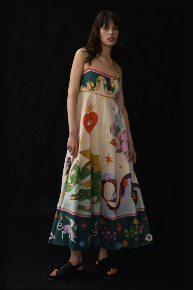 Seeker Folklore-Print Linen Dress - Image 4