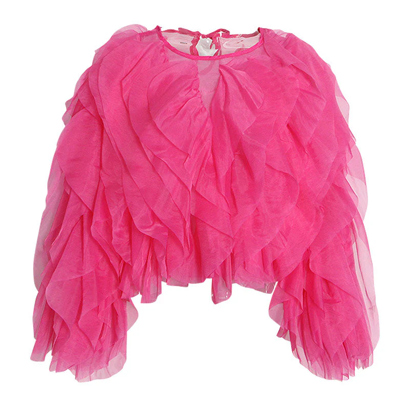 Semi Sheer Chiffon Layered Ruffle Puff Sleeve Round Neck Cropped Blouse - Image 2