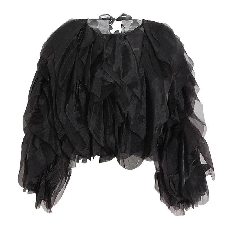 Semi Sheer Chiffon Layered Ruffle Puff Sleeve Round Neck Cropped Blouse - Image 3