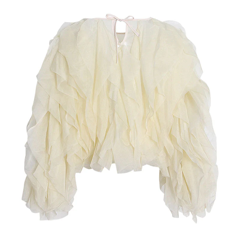 Semi Sheer Chiffon Layered Ruffle Puff Sleeve Round Neck Cropped Blouse - Image 4